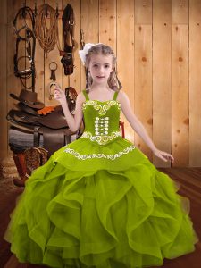 Latest Sleeveless Organza Floor Length Lace Up Pageant Dresses in Olive Green with Embroidery and Ruffles
