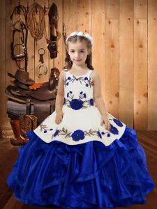 Top Selling Royal Blue Sleeveless Organza Lace Up Little Girls Pageant Dress for Sweet 16 and Quinceanera