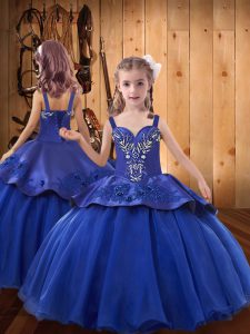 Sleeveless Taffeta and Tulle Floor Length Lace Up Kids Pageant Dress in Royal Blue with Beading and Appliques