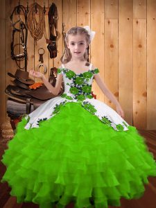 Green Ball Gowns Organza and Tulle Off The Shoulder Sleeveless Embroidery and Ruffled Layers Floor Length Lace Up Little