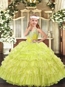 Yellow Green V-neck Neckline Beading and Ruffled Layers and Pick Ups High School Pageant Dress Sleeveless Lace Up