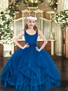 Floor Length Royal Blue Pageant Dress Wholesale Tulle Sleeveless Beading and Ruffles