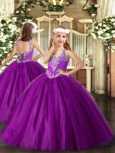 Purple Lace Up Pageant Dress for Womens Beading Sleeveless Floor Length