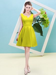 Exquisite Yellow A-line Asymmetric Sleeveless Satin Mini Length Zipper Ruching Quinceanera Dama Dress