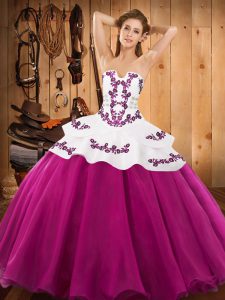 Decent Fuchsia Satin and Organza Lace Up Strapless Sleeveless Floor Length 15th Birthday Dress Embroidery