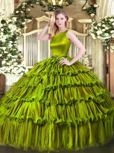 Scoop Sleeveless Sweet 16 Dress Floor Length Ruffled Layers Olive Green Organza