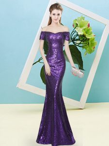 Exceptional Purple Zipper Prom Gown Sequins Short Sleeves Floor Length