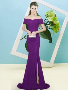 Artistic Dark Purple Prom Dress Prom and Party with Sequins Off The Shoulder Short Sleeves Sweep Train Zipper