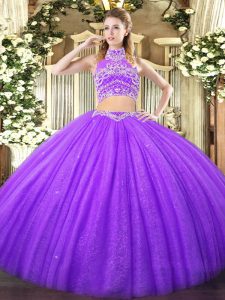 Sleeveless Floor Length Beading Backless Ball Gown Prom Dress with Lavender