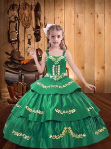 Fancy Dark Green Ball Gowns Embroidery Little Girls Pageant Dress Lace Up Taffeta Sleeveless Floor Length