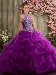 Exquisite Eggplant Purple Lace Up Quinceanera Gown Beading and Pick Ups Sleeveless Floor Length