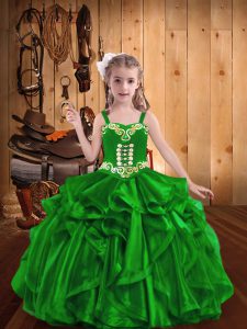 Best Floor Length Lace Up Pageant Dress for Girls Green for Sweet 16 and Quinceanera with Embroidery and Ruffles