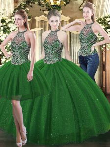 Best High-neck Sleeveless Tulle Quinceanera Dress Beading Lace Up