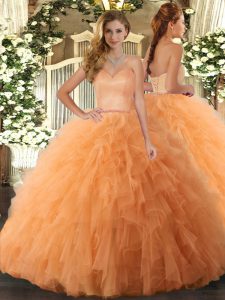Custom Made Sleeveless Tulle Floor Length Lace Up Quinceanera Dresses in Orange with Ruffles