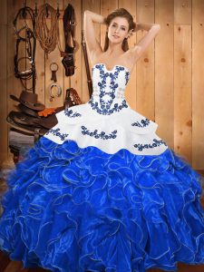 Strapless Sleeveless Lace Up 15th Birthday Dress Blue And White Satin and Organza