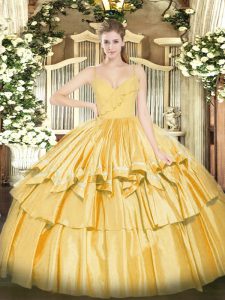 Gold Taffeta Zipper Sweet 16 Dresses Sleeveless Floor Length Ruffled Layers