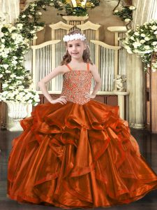 High Quality Straps Sleeveless Lace Up Little Girls Pageant Dress Wholesale Rust Red Organza