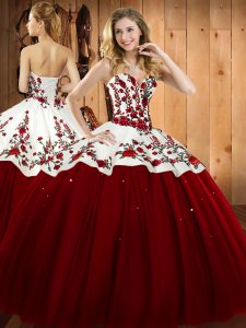 Sweetheart Sleeveless Ball Gown Prom Dress Floor Length Embroidery Wine Red Satin and Tulle