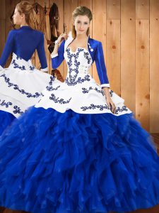 Beauteous Blue And White Sleeveless Satin and Organza Lace Up Quinceanera Dresses for Military Ball and Sweet 16 and Qui
