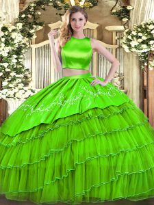 Sleeveless Criss Cross Floor Length Embroidery and Ruffled Layers 15 Quinceanera Dress