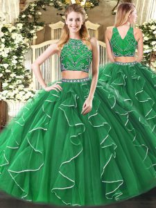 Sophisticated Green Zipper 15th Birthday Dress Beading and Ruffles Sleeveless Floor Length