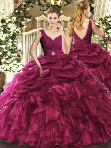 Fancy Floor Length Backless Sweet 16 Dress Burgundy for Sweet 16 and Quinceanera with Beading and Ruffles