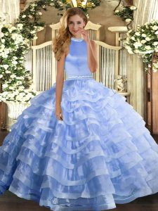 Blue Sleeveless Floor Length Beading and Ruffled Layers Backless 15 Quinceanera Dress