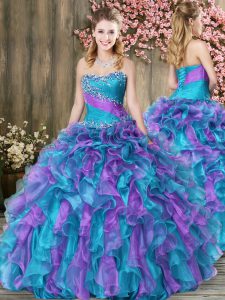 Sleeveless Floor Length Beading and Ruffles Lace Up 15 Quinceanera Dress with Multi-color