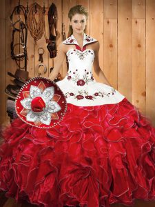 Hot Selling White And Red Sleeveless Floor Length Embroidery and Ruffles Lace Up Quinceanera Dress