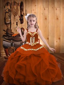 Embroidery and Ruffles Girls Pageant Dresses Rust Red Lace Up Sleeveless Floor Length