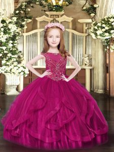 Floor Length Zipper Winning Pageant Gowns Fuchsia for Party and Quinceanera with Beading and Ruffles