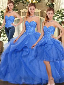Beautiful Sweetheart Sleeveless Lace Up Quinceanera Dresses Blue Organza