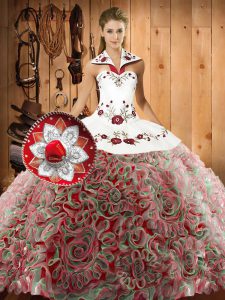 Custom Design Fabric With Rolling Flowers Halter Top Sleeveless Sweep Train Lace Up Embroidery 15th Birthday Dress in Mu