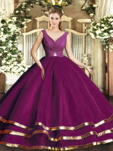 Fuchsia Backless 15 Quinceanera Dress Beading and Ruffled Layers and Ruching Sleeveless Floor Length