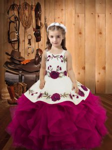 Glorious Floor Length Lace Up Pageant Dress for Girls Fuchsia for Sweet 16 and Quinceanera with Embroidery and Ruffles
