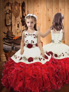 Pretty Sleeveless Floor Length Embroidery and Ruffles Lace Up Pageant Dress for Girls with Red