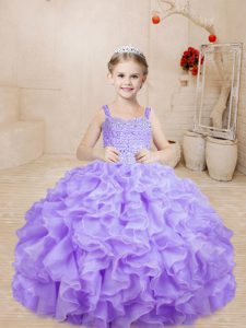 Gorgeous Lavender Ball Gowns Straps Sleeveless Organza Floor Length Lace Up Beading and Ruffles Little Girl Pageant Gown