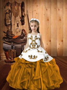 Brown Sleeveless Floor Length Embroidery and Ruffles Lace Up Little Girls Pageant Dress