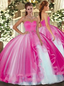 Romantic Sleeveless Floor Length Beading Lace Up Quince Ball Gowns with Hot Pink