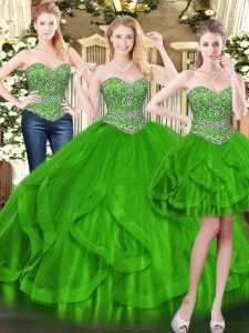 Best Sleeveless Beading and Ruffles Lace Up Quince Ball Gowns