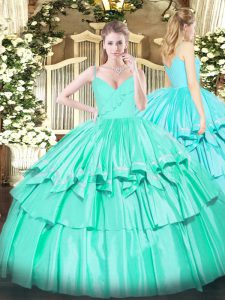 Smart Sleeveless Floor Length Ruffled Layers Zipper Quince Ball Gowns with Turquoise