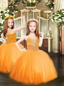 Floor Length Orange Pageant Gowns For Girls Tulle Sleeveless Beading