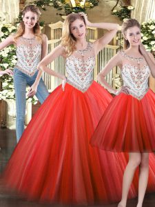 Hot Selling Ball Gowns Sweet 16 Dresses Coral Red Scoop Tulle Sleeveless Floor Length Zipper