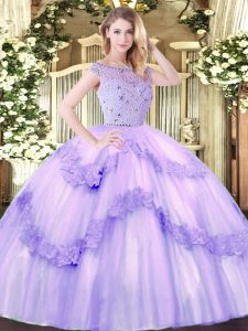Lavender Ball Gowns Bateau Sleeveless Tulle Floor Length Zipper Beading and Appliques Quinceanera Dress