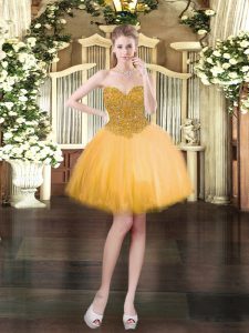 Gold Sweetheart Neckline Beading Prom Dress Sleeveless Lace Up