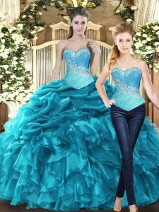 Simple Floor Length Ball Gowns Sleeveless Teal Quinceanera Gown Lace Up