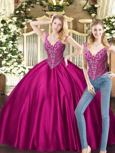 Great Fuchsia Tulle Lace Up Quinceanera Gown Sleeveless Floor Length Beading