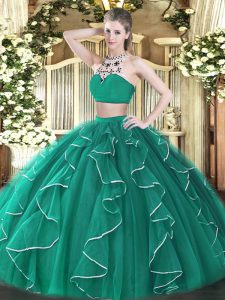 Two Pieces Quince Ball Gowns Turquoise High-neck Tulle Sleeveless Floor Length Backless