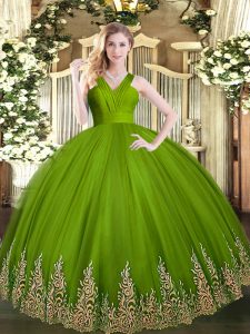 Floor Length Olive Green Sweet 16 Dress V-neck Sleeveless Zipper