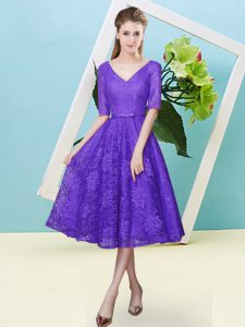 Cute Purple Bridesmaid Dress Prom and Party and Wedding Party with Bowknot V-neck Half Sleeves Lace Up